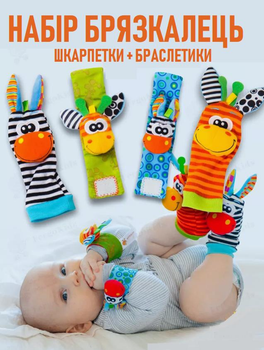 Набір розвиваючих брязкальць для малюків Jungle комплект яскравих дитячих шкарпеток та браслетиків зі звуковими ефектами, різнокольоровий (100401216)