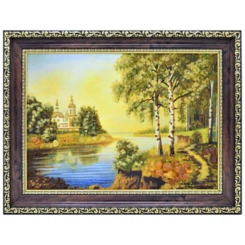 Картина "Березы у воды" из янтаря 30х40