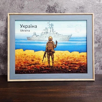 Картина "Военный корабль, иди на..." из янтаря 30х40