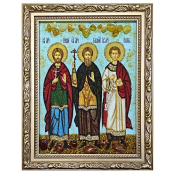 Икона "Святые мученики Гурий, Самон и Авив" янтарная 15х20