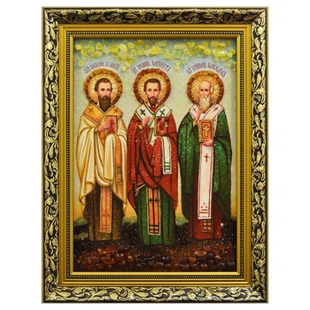 Икона "Святые Василий Великий, Иоанн Златоуст, Григорий Богослов" янтарная 15х20