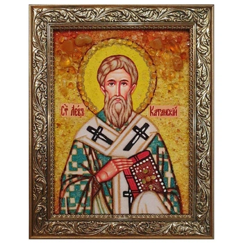 Икона "Святой Лев Катанский" янтарная 15х20
