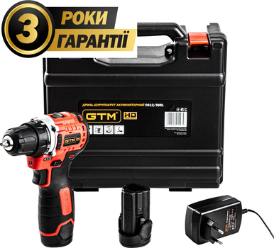 Дриль-шурупокрут акумуляторний GTM DS12/38BL 12В 38Нм 2 шв + акумулятор 2 А-г 2 шт + ЗП