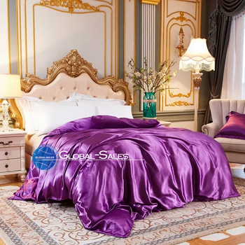 Атласное Бело-Фиолетовое полуторное постельное белье Moka Textile 145*210