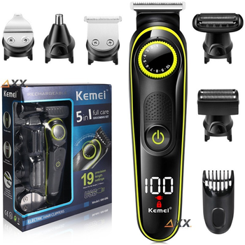 Аккумуляторный триммер для стрижки волос и бороды 5в1 с USB и LED-дисплеем Kemei KM-696 Черный + Щетка для очистки