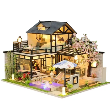 Кукольный дом конструктор DIY House Японский домик с садом сборный румбокс с LED подсветкой