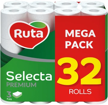 Туалетний папір Ruta Selecta 3 кулі білий, 32 рулони