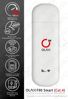 Мобільний 4G модем/роутер USB Wi-Fi 3G/4G LTE OLAX F 90 Smart (Cat.4) Київстар, Vodafone, Lifecell. Швидкість до 150 Мбіт/с. 2 виходи під антену MIMO - CRC9. Підтримка 10 пристроїв. Робота від PowerBank.
