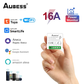 Розумне Wifi реле з моніторингом електроспоживання Aubess Tuya Smart Life 16 A міні вимикач