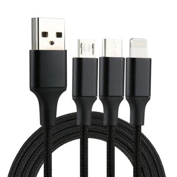Зарядка 3 в 1 нейлонова з USB to Micro / Lightning / Type-C 6A 1.2м Чорний