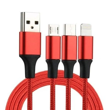 Зарядка 3 в 1 нейлонова з USB to Micro / Lightning / Type-C 6A 1.2м Червоний