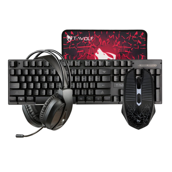 Игровой комплект проводной Gaming Combo Kit 4в1 T-Wolf TF-400 USB 2.0 клавиатура, мышка, наушники с микрофоном, коврик 7 RGB с подсветкой Black