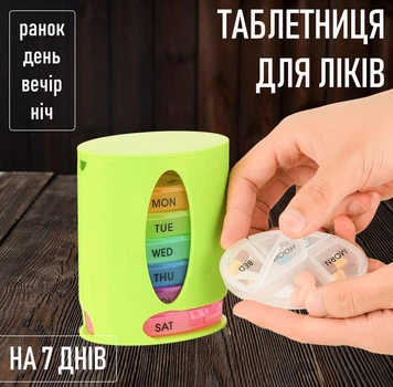 Таблетниця для ліків по днях (ранок - день - вечір - ніч) Tub футляр - органайзер зі знімними секціями для вітамінів і таблеток на 7 днів / на тиждень, зелена (101017028)