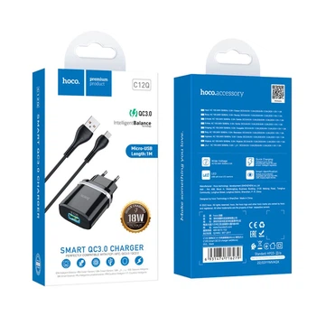 СЗУ Hoco C12Q QC 3.0 3A потужність 18Вт кабель Micro USB QC3.0/QC2.0, для Huawei fast charge FCP, для Samsung fast charge AFC Чорний