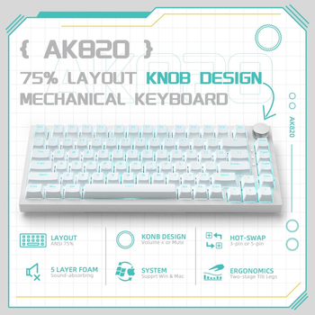 Клавиатура AJAZZ AK820 WHITE Игровая Проводная Механическая. Голубая Подсветка. С Поддержкой HOT-SWAP. Blue Switch