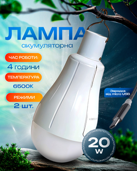 Лампа акумуляторна світлодіодна LED E27 лампочка автономна 3 режими роботи аварійна 20Вт BRS White