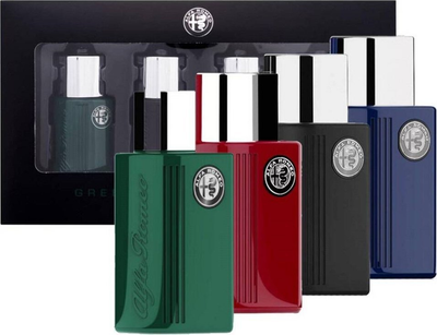 Zestaw miniaturek męskich Alfa Romeo Woda toaletowa Green 15 ml + Woda toaletowa Black 15 ml + Woda toaletowa Blue 15 ml + Woda toaletowa Red 15 ml (810876039451)