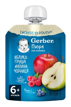 Пюре Gerber Яблоко, груша, малина и черника для детей от 6-ти месяцев 90 г (7613036345484)