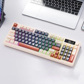 Беспроводная игровая клавиатура FREEWOLF M96, джойстик Bluetooth, 2.4G, RGB LED подсветка с экраном, PBT клавиатура, 3000 мАч, раскладка QWERTY США - Coffee