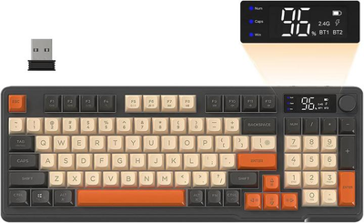 Беспроводная игровая клавиатура FREEWOLF M96, джойстик Bluetooth, 2.4G, RGB LED подсветка с экраном, PBT клавиатура, 3000 мАч, раскладка QWERTY США - черный/Ember