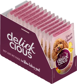 Вологий корм для дорослих собак Delickcious пластівці з індичкою та тропічними фруктами у вершковому соусі