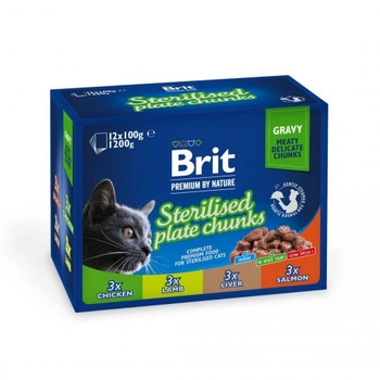 Влажный корм Brit Premium Cat Набор паучей для стерилизованных кошек, ассорти 4 вкуса, 12 шт х 100 г