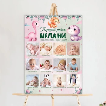 Паперовий плакат "Мій перший рік. Динозаврики дівчатка" іменний + ФОТО, розмір - 50х70 см