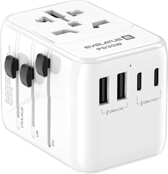 Ładowarka sieciowa Evelatus World Travel Adapter 1PD / 2Type-C / 2USB Charger 35W White (4752192090517)