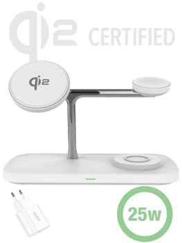 Бездротова зарядка magsafe док станція 3 в 1 зарядна магнітна Qi2 25W QINETIQ T255 підставка тримач поворотний для apple айфона 16 17 годинника навушників телефона швидка на айфон iphone airpods iwatch епл вотч galaxy watch сертифікована біла + адаптер