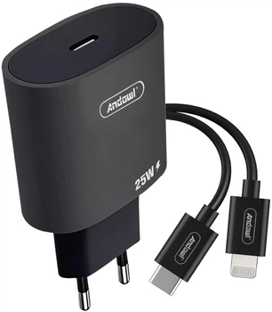 Сетевое зарядное устройство Andowl Q-CD669X1 с быстрой зарядкой 25 Вт PD3.0 QC3.0 + кабель Type-C - Lightning 1 м Black (Q-CD669)