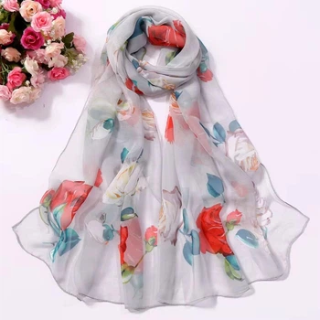 Шифоновый летний шарфик Ashma с цветами 160х50см Серый