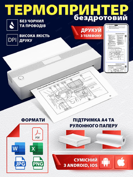 Портативный беспроводной термо принтер Smart wireless thermal printer LD0802 Bluetooth White