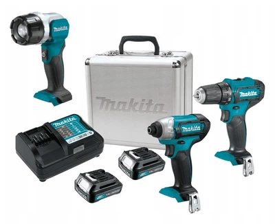 Набор аккумуляторных шуруповертов в металлическом кейсе Makita CLX224X с фонарем Makita ML106 (30/110 Нм, CXT)