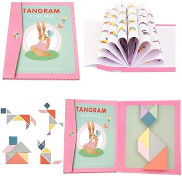 Танграм (Tangram) Деревянная головоломка в магнитной папке - розово-бирюзовый (зайчик)