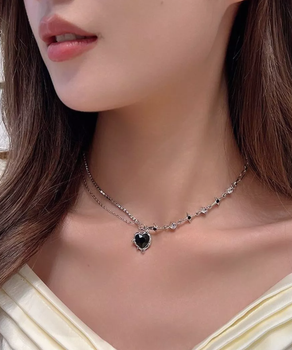 Цепочка Fashion Jewerly с кулоном черное сердце в готическом стиле y2k серебристая бижутерия (SVS)