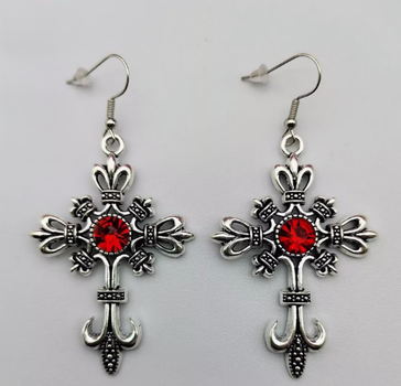 Серьги Fashion Jewerly ажурные кресты с красным камнем в готическом стиле y2k серебристые (SVS)