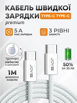 Кабель швидкої зарядки андроід айфон Type-C JoyPro 20W White зарядний шнур USB-C 1 метр 5А для смартфонів Apple iPhone Android Універсальний ТайпСі + Тканинне обплетення + Тримач кабелю в комплекті (Білий)