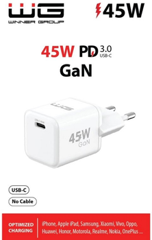 Мережевий зарядний пристрій Winner Group 1 x USB-C 45 W PD45W/QC4/PPS White (8591194088308)