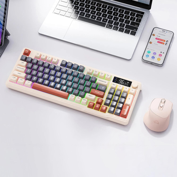 Набор Беспроводная игровая клавиатура FREEWOLF M96 + МЫШКА, джойстик Bluetooth, 2.4G, RGB LED подсветка с экраном, PBT клавиатура, 3000 мАч, раскладка QWERTY США - Coffee