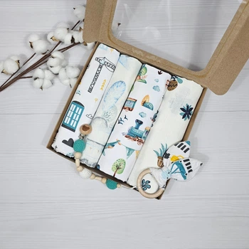 Набор для новорожденного: 4 пеленки и грызунец с держателем a.l.babybox Машины в городе голубой
