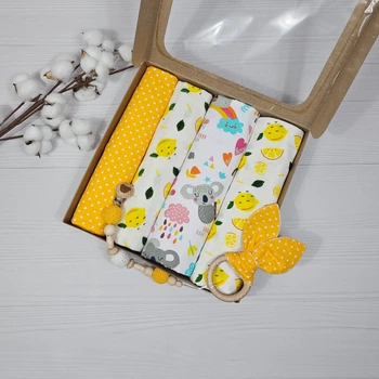 Набор для новорожденного: 4 пеленки и грызунец с держателем a.l.babybox Белый горох на желтом