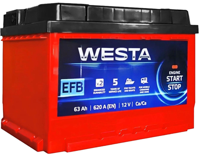 Автомобильный аккумулятор WESTA 63 Ah / 620 A EFB Start-Stop L ЛЕВЫЙ ПЛЮС (242x175x175) WEFB631