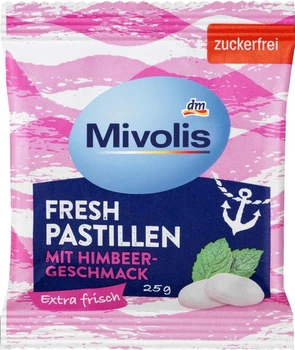 Освіжаючі пастилки без цукру зі смаком малини Mivolis Fresh Pastillen mit Himbeer-Geschmark zuckerfrei 25 г