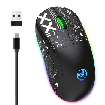 Бесшумная Беспроводная (2.4G, Bluetooth) HXSJ T90 Черная Игровая Мышь с подсветкой и аккумулятором