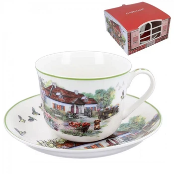 Кружка порцелянова Carmani з блюдцем Village life collection Білий будинок 400 мл