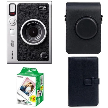 Подарунковий набір Камера для миттєвого друку Fujifilm INSTAX MINI EVO Hybrid Black / Чорний вертикальний чохол / Картриджі на 20 фото / Чорний фотоальбом на 108 фото