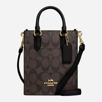 Сумка кросс-боди через плечо женская из натуральной кожи маленькая Coach Mini Tote In Signature Canvas BG-COA-69 Коричневая (195031937231)