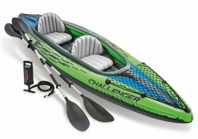 Двухместная надувная лодка-байдарка Challenger K2 Kayak 68306 Intex с веслами и насосом 351 x 76 x 38 см Зеленый