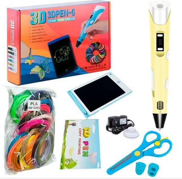 Дитяча 3D-ручка 3D Pen-6 + пластик 100м, планшет, трафарети, підставка, ножиці Жовта
