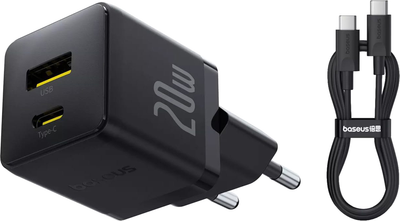 Мережевий зарядний пристрій Baseus Palm Fast Charger USB-A USB-C 20 Вт PD3.0 QC4.0 + кабель Type-C 60 Вт 1 м Black (P10111608113-01)